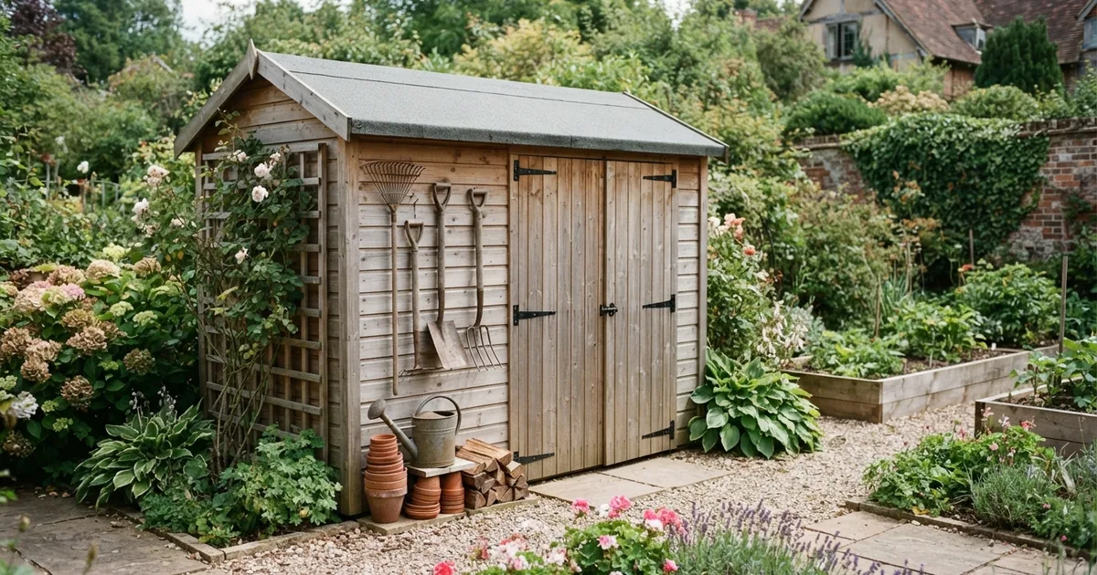 Ein aufgeräumter Garten Werkzeugschrank aus Holz mit übersichtlich sortierten Gartengeräten