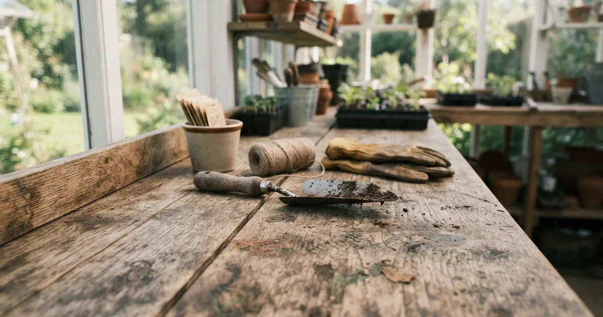 Gärtner plant mit einem Gartenkalender 2026 am Holztisch
